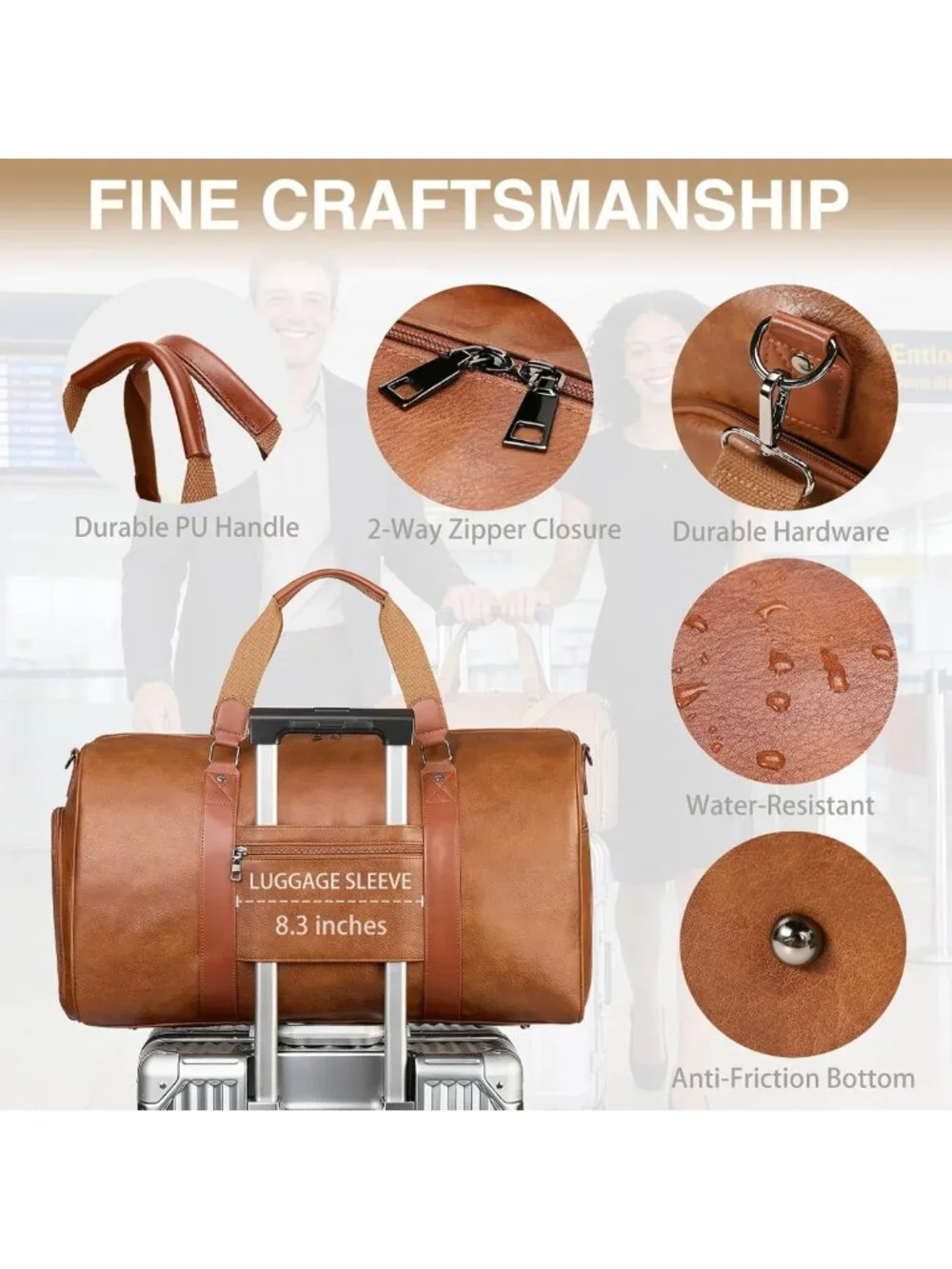 Large 3-in-1 Leather Duffle Bag - Travel Weekender Gym Overnight Carry-On with